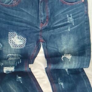 Men's Dark Blue Distressed Jeans with Patchwork
